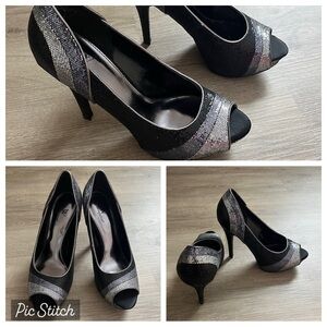Elegant Black and Silver Peep-Toe Heels